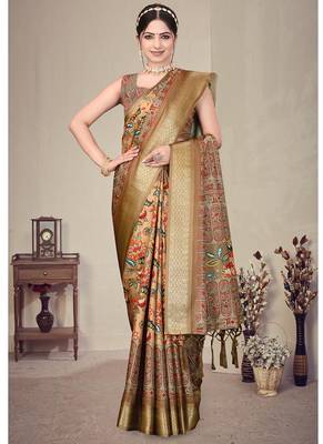 Brown cotton silk digital print saree 2