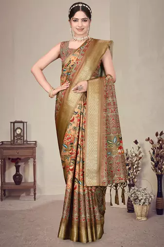 Brown cotton silk digital print saree