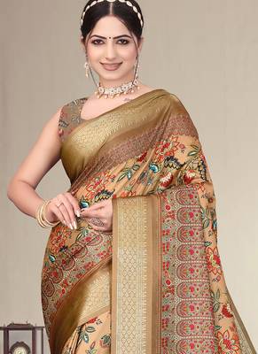 Brown cotton silk digital print saree 3
