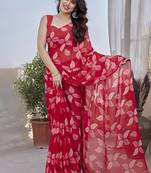 Red chiffon printed designer saree