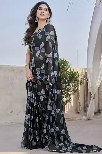 Black chiffon printed designer saree