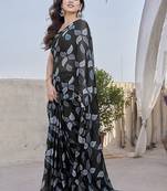 Black chiffon printed designer saree