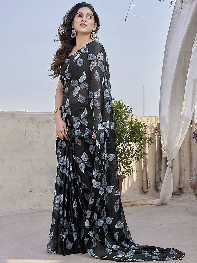 Black chiffon printed designer saree