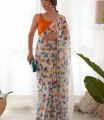 Off white chiffon printed designer saree