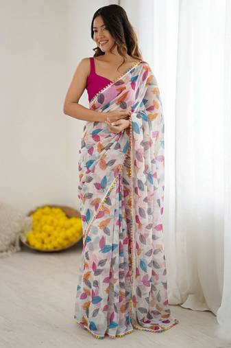 Off white chiffon printed designer saree