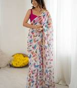 Off white chiffon printed designer saree