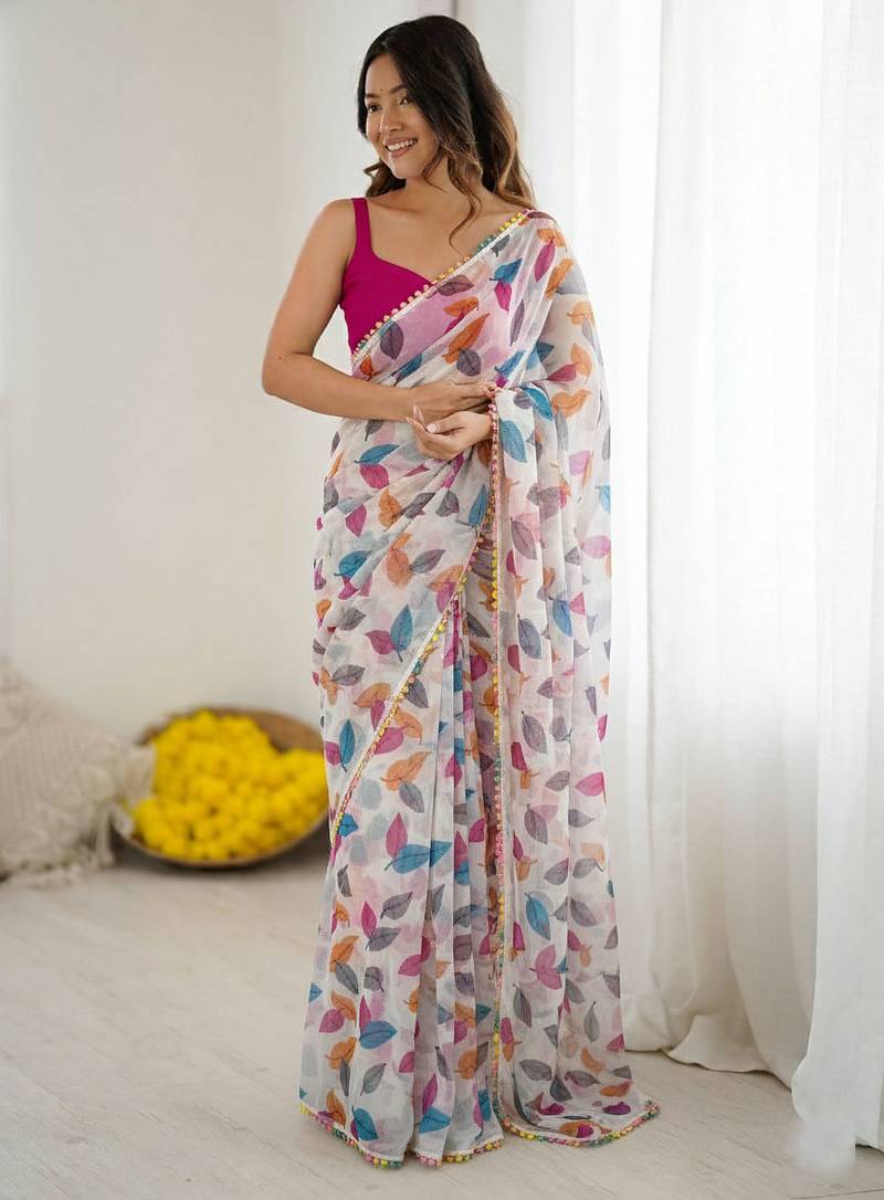 Off white chiffon printed designer saree