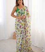 Off white chiffon printed designer saree