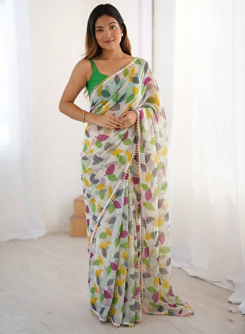 Off white chiffon printed designer saree