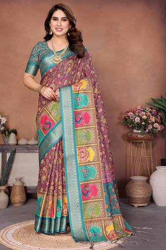 Wine and rama coton silk digital print designer saree