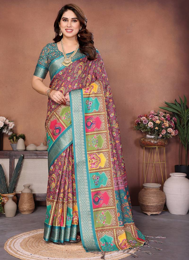 Wine and rama coton silk digital print designer saree