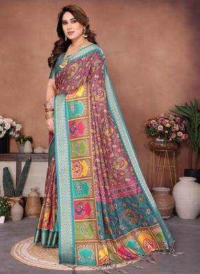 Wine and rama coton silk digital print saree 2