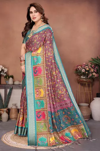 Wine and rama coton silk digital print saree