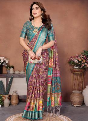 Wine and rama coton silk digital print saree 3