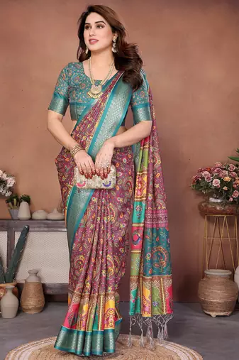 Wine and rama coton silk digital print saree