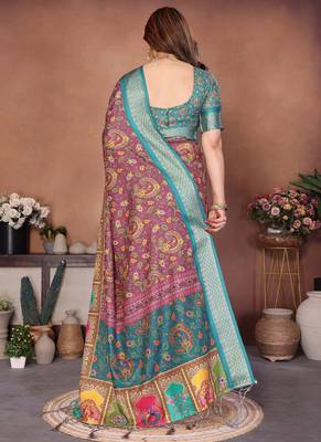 Wine and rama coton silk digital print saree 4