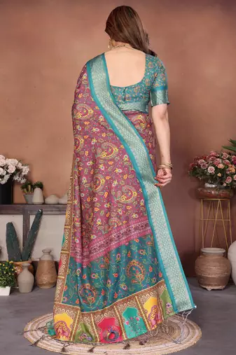 Wine and rama coton silk digital print saree