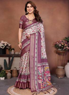 Wine and off white coton silk digital print saree 1