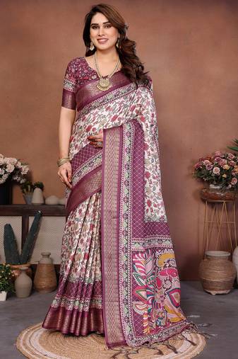 Wine and off white coton silk digital print designer saree