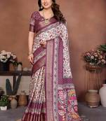 Wine and off white coton silk digital print designer saree