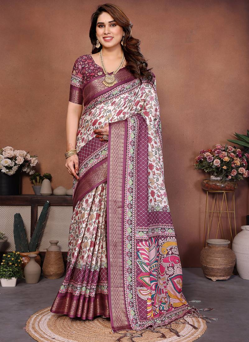 Wine and off white coton silk digital print designer saree