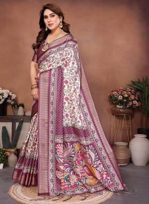 Wine and off white coton silk digital print saree 2