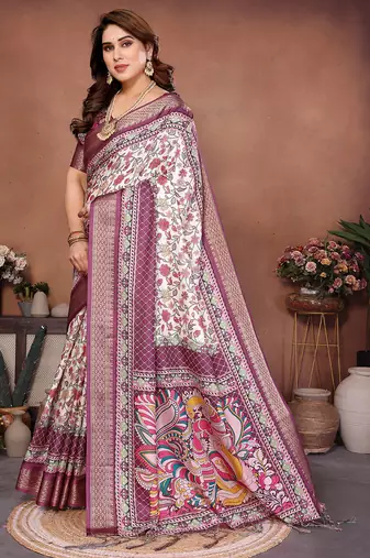 Wine and off white coton silk digital print saree