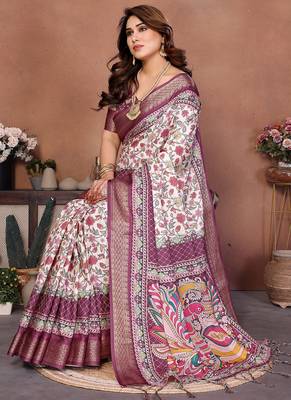Wine and off white coton silk digital print saree 3