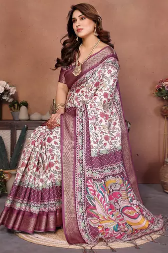 Wine and off white coton silk digital print saree