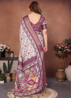 Wine and off white coton silk digital print saree 4