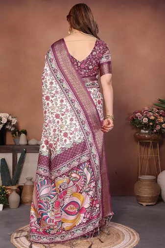 Wine and off white coton silk digital print saree