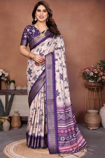 Purple and off white coton silk digital print designer saree