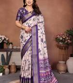 Purple and off white coton silk digital print designer saree