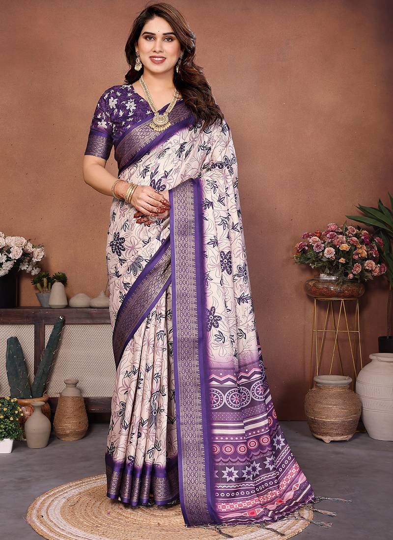 Purple and off white coton silk digital print designer saree