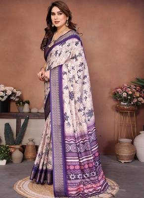 Purple and off white coton silk digital print saree 2