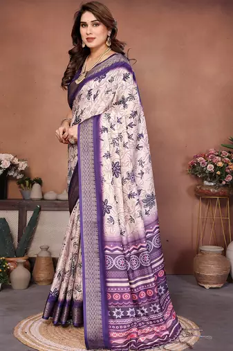 Purple and off white coton silk digital print saree