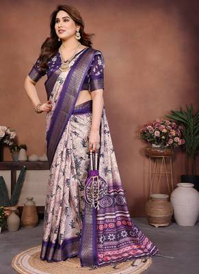 Purple and off white coton silk digital print saree 3