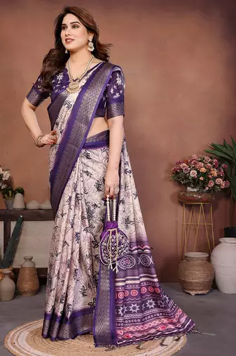 Purple and off white coton silk digital print saree