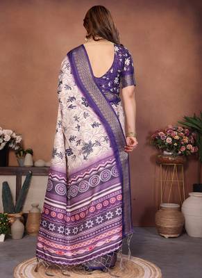 Purple and off white coton silk digital print saree 4
