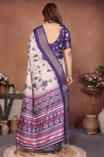 Purple and off white coton silk digital print saree
