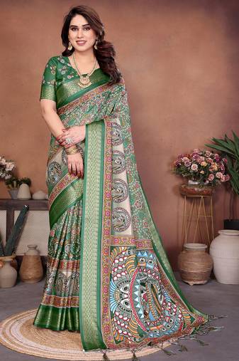 Green coton silk digital print designer saree