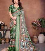 Green coton silk digital print designer saree