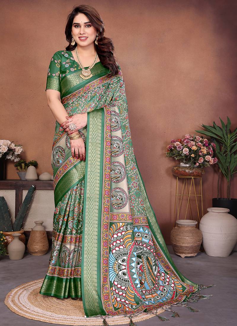 Green coton silk digital print designer saree