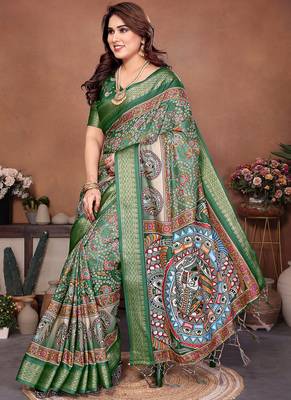 Green coton silk digital print saree 2