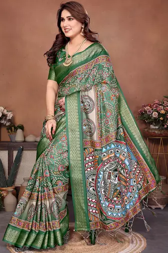 Green coton silk digital print saree
