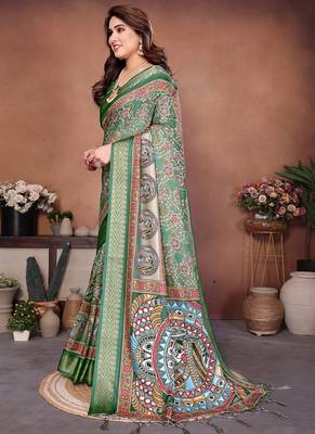 Green coton silk digital print saree 3