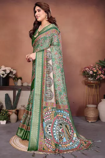 Green coton silk digital print saree