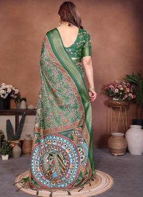 Green coton silk digital print saree 4