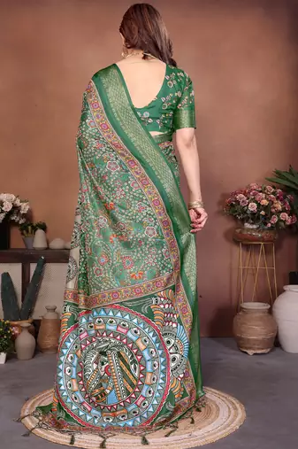 Green coton silk digital print saree