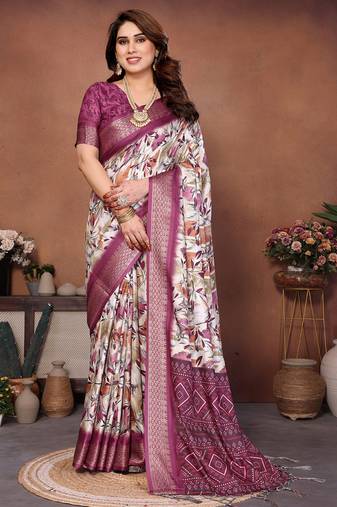 Wine and off white coton silk digital print designer saree